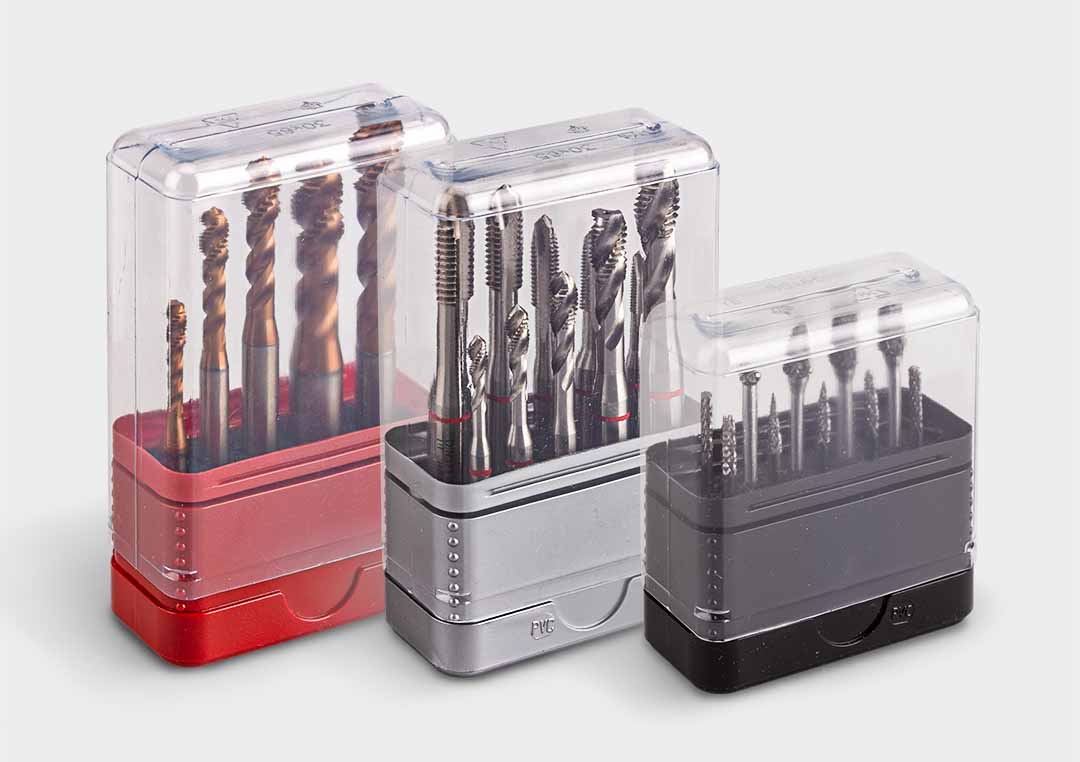 RectangularPack: a series of rectangular protective packaging tubes with milling cutters and drill bits in it.